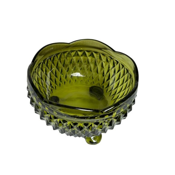 Vintage Indiana Glass Diamond Point Bowl, Avocado Green Footed Candy Dish, Mid-C - Picture 1 of 6